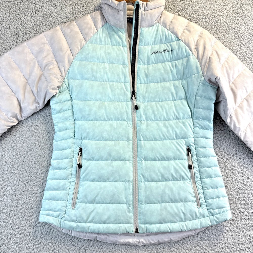 Womens Puffer Down Jacket Eddie Bauer First Ascent XS Aqua/Beige Goose Down Fill